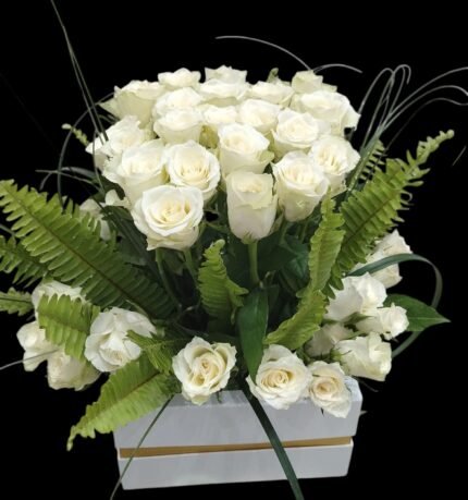 A chic box filled with pure white flowers, symbolizing purity and new beginnings. It's a simple, elegant gift for any occasion.